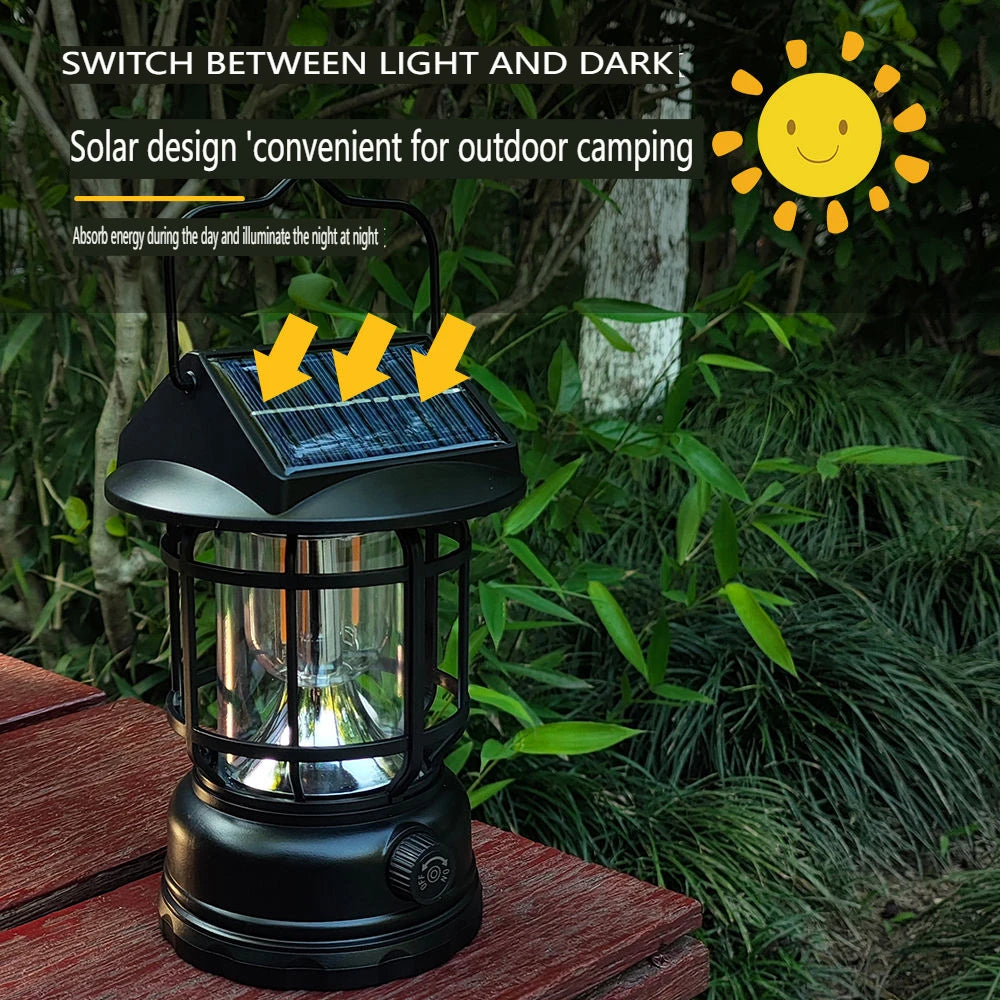 Solar Camping Tent Lantern Rechargeable Vintage Pendant Light Portable Stepless Dimming And Hook Waterproof For Adventure picnic