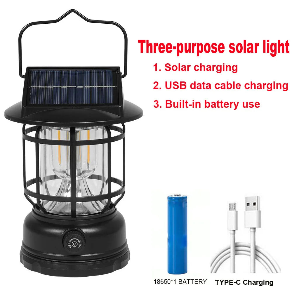 Solar Camping Tent Lantern Rechargeable Vintage Pendant Light Portable Stepless Dimming And Hook Waterproof For Adventure picnic