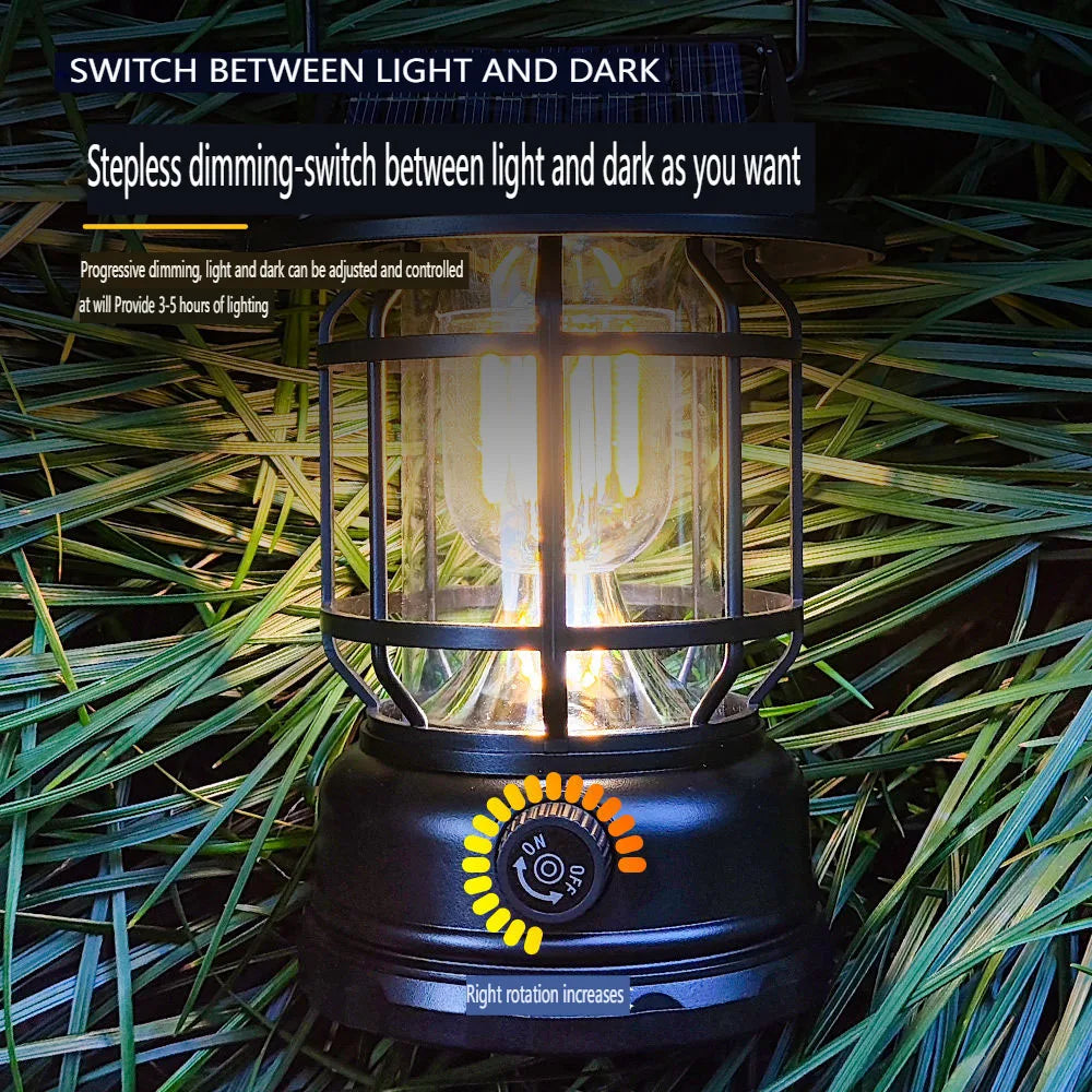 Solar Camping Tent Lantern Rechargeable Vintage Pendant Light Portable Stepless Dimming And Hook Waterproof For Adventure picnic