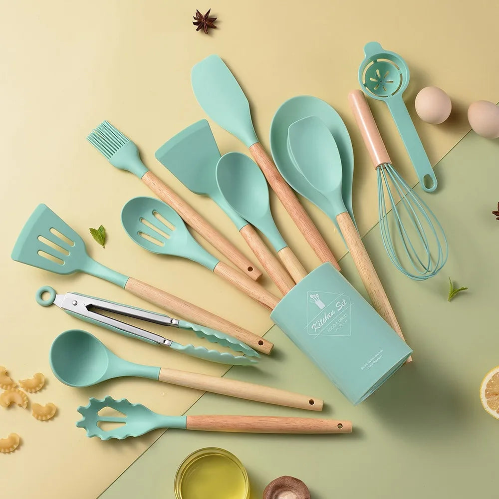 12Pcs/Set Heat-Resistant Kitchen Utensils Set Multi-functional Save Space Silicone Kitchenware Set Eco-Friendly