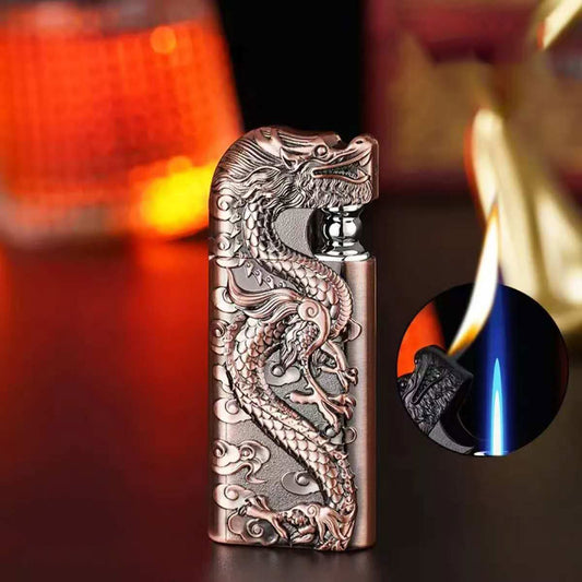 New dual-flame direct-fire convertible open flame metal gas lighter with 3D embossed dragon design