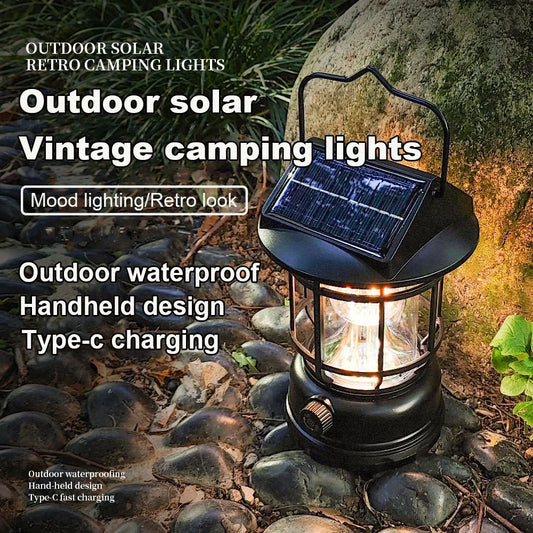 Solar Camping Tent Lantern Rechargeable Vintage Pendant Light Portable Stepless Dimming And Hook Waterproof For Adventure picnic