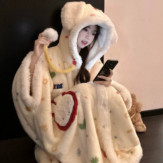 Women's Rabbit Coral Fleece Pajamas, Autumn and Winter, Thickened Fleece-lined Cartoon Hooded Cape Robe, Home Wear, Bathrobe Style