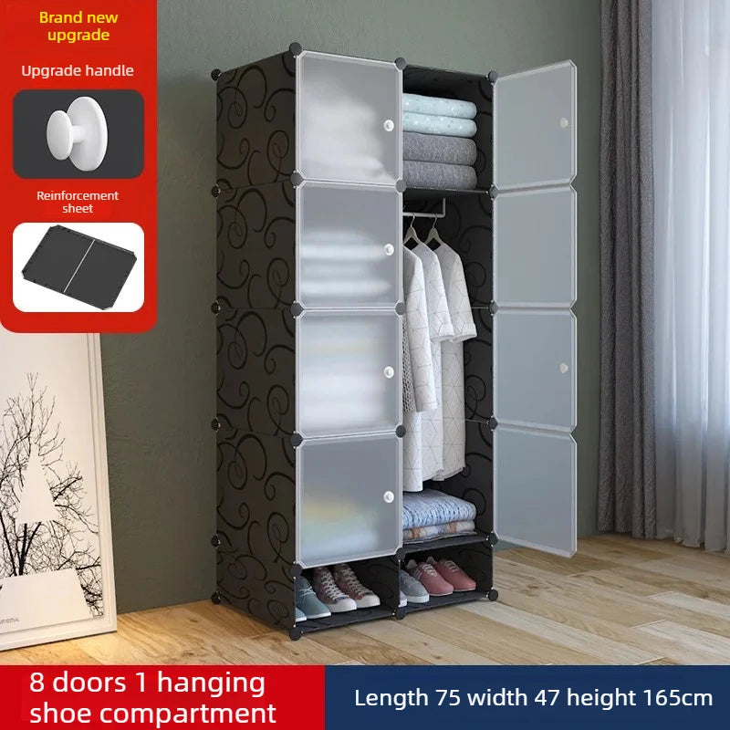 Modular Wardrobe Closet Portable Clothes Organizer PP Resin Storage Cabinet with Hanging Rods Shoe Rack for Bedroom