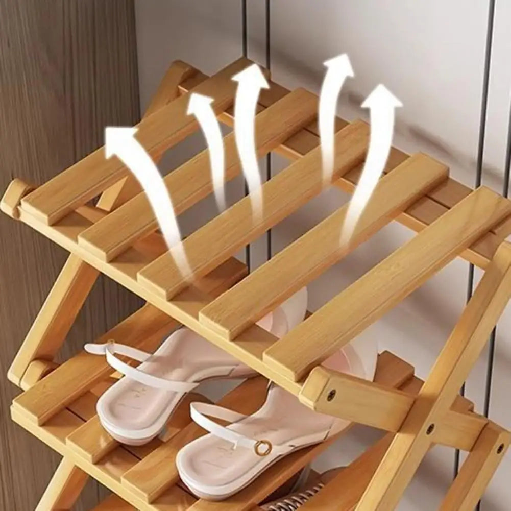 Multi-Tier No-Assembly Shoe Rack Foldable Narrow Bamboo Shoe Shelf Space-Saving Corner Shoe Organizer for Entryway Closet Dorm