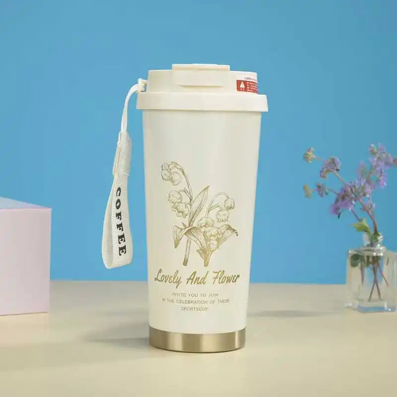 Fashion Portable Lifting Rope Ling Orchid Stainless Steel Thermos Cup Home Office Double Drink High Value Couple Coffee Cup