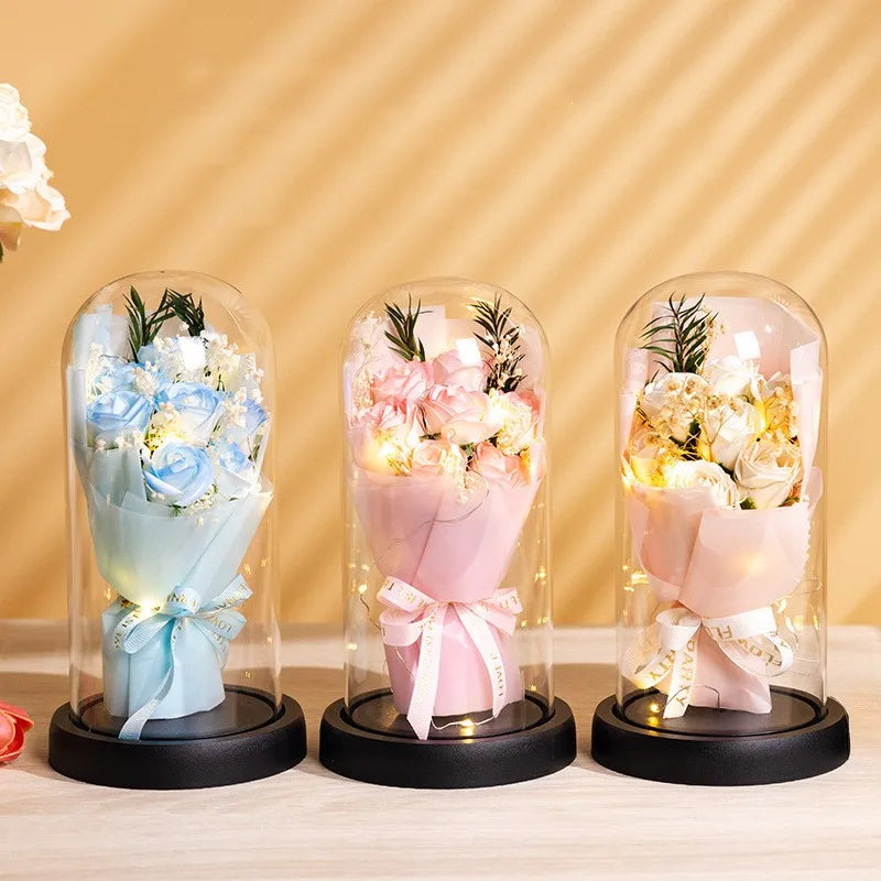 Mother'S Day Rose Glass Cover Plastics Led Glass Dome Bouquet Glass Covered Roses For Birthday