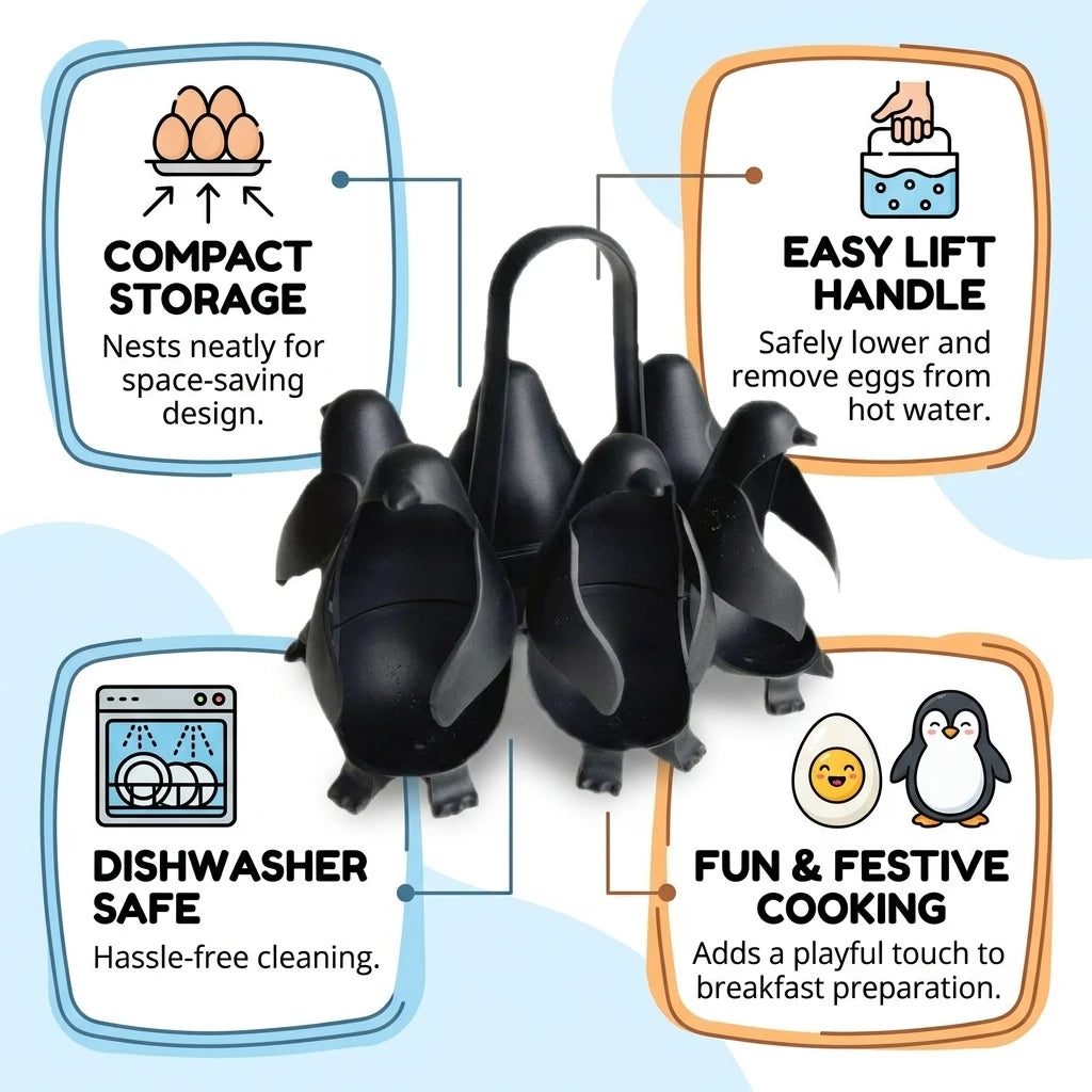Cute Penguin Shape 6-Egg Cooker & Storage Tray Heat Resistant Egg Container for Kitchen Refrigerator Use