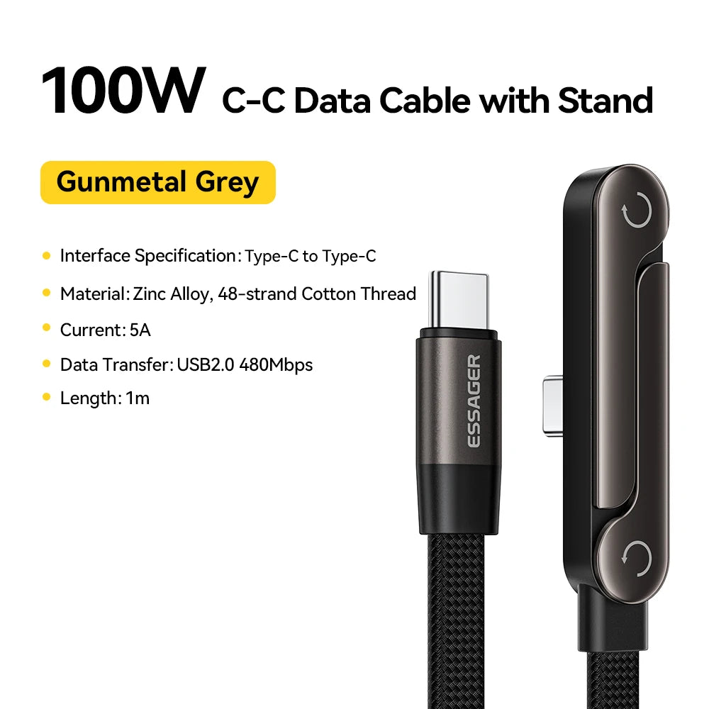 Essager 240W Type-C Cable Foldable Phone Holder Cable PD Fast Charging For iPhone 17 16 15 Pro Max Macbook Samsung Huawei Xiaomi