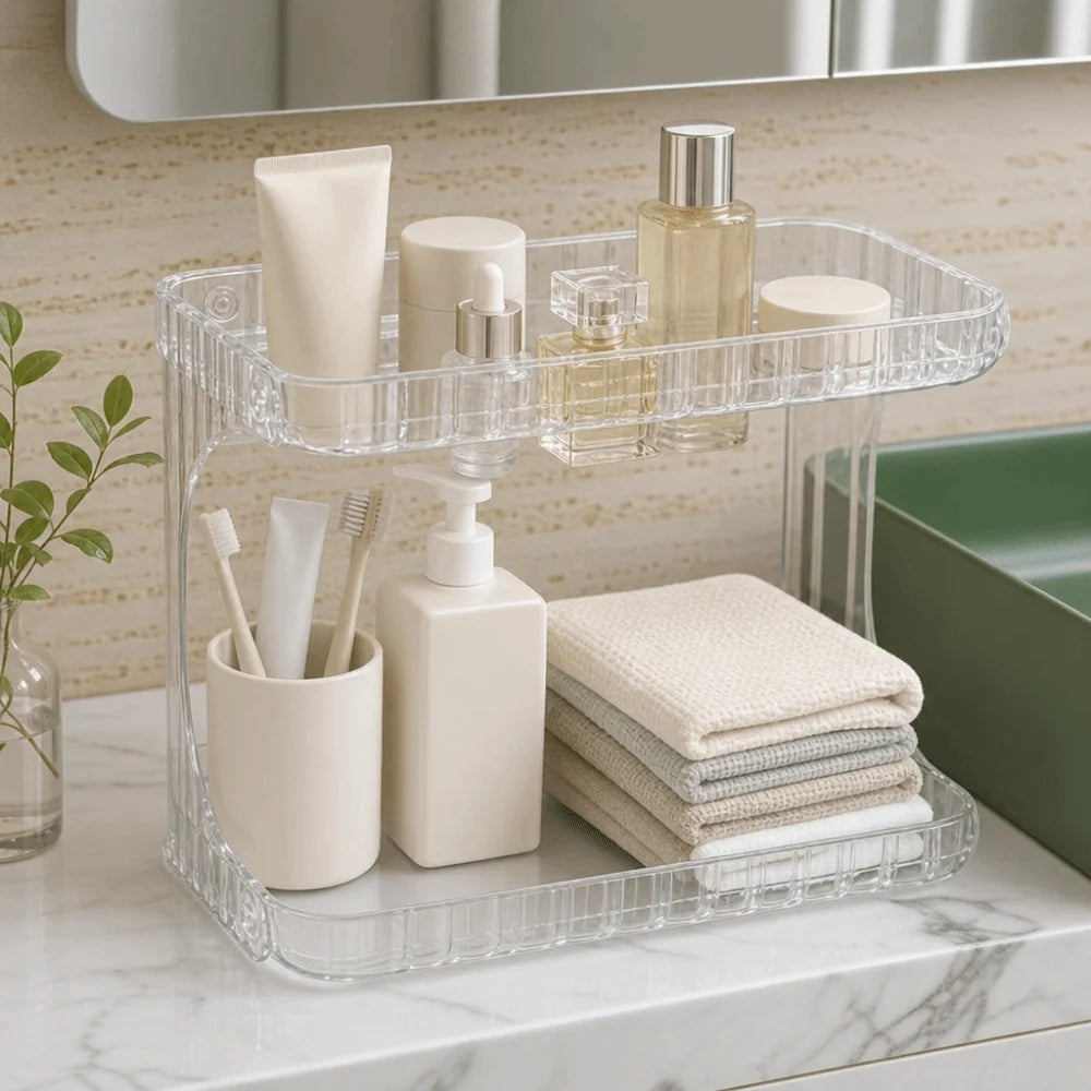Double Layer Bathroom Organizer Transparent Display Stand Makeup Storage Rack Plastic Large Capacity Kitchen Storage Box
