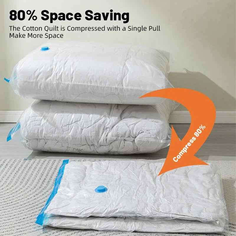 Transparent Vacuum Storage Bags with Pump for Clothes Blankets Large Compression Space Saving Ideal Travel and Organizing