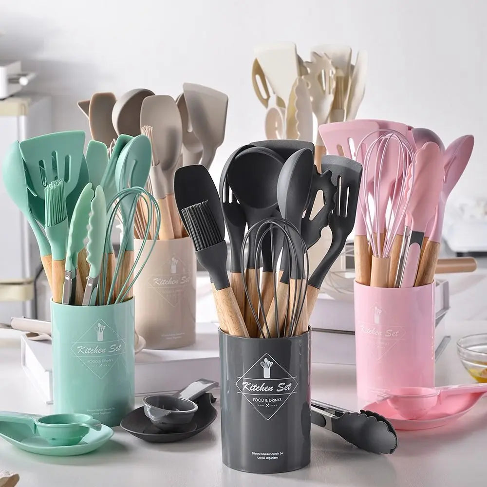 12Pcs/Set Heat-Resistant Kitchen Utensils Set Multi-functional Save Space Silicone Kitchenware Set Eco-Friendly