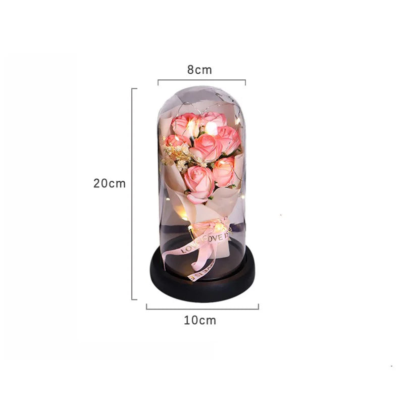 Mother'S Day Rose Glass Cover Plastics Led Glass Dome Bouquet Glass Covered Roses For Birthday