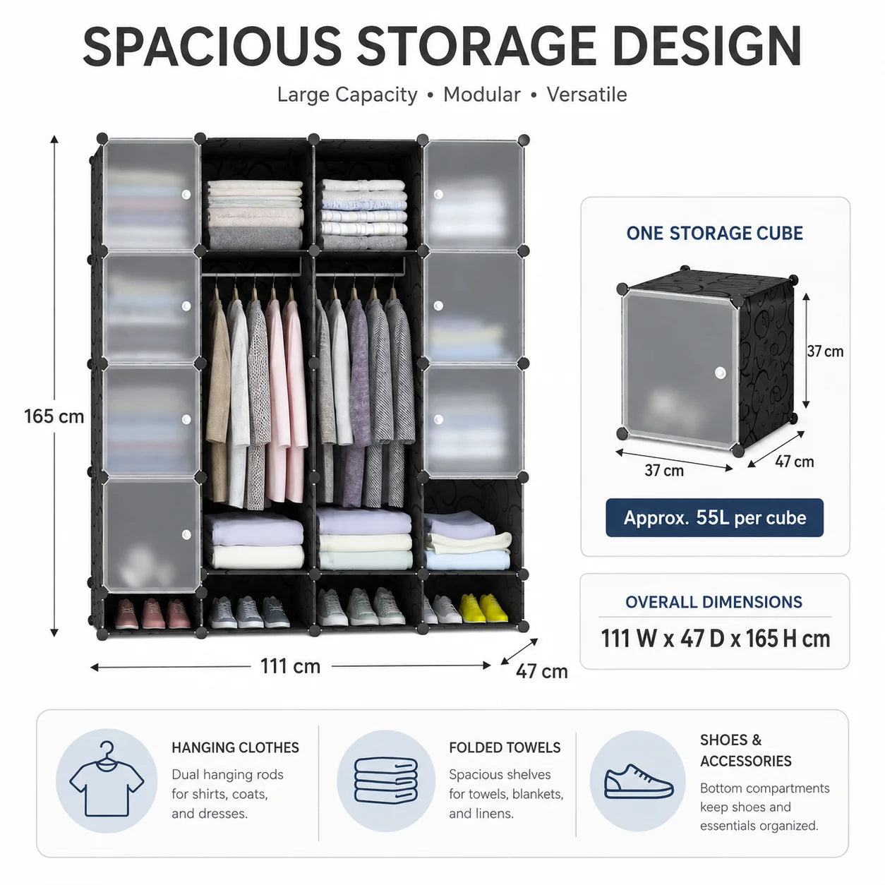 Modular Wardrobe Closet Portable Clothes Organizer PP Resin Storage Cabinet with Hanging Rods Shoe Rack for Bedroom