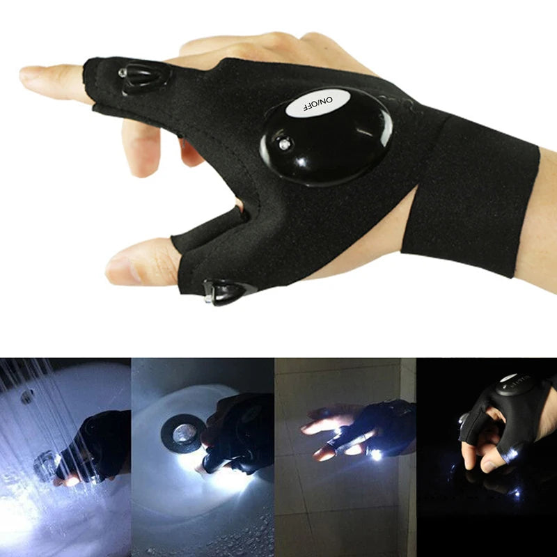 1 pc Outdoor Fishing Magic Strap Fingerless Gloves Night Light Waterproof Fishing Gloves with LED Flashlight Rescue Tools