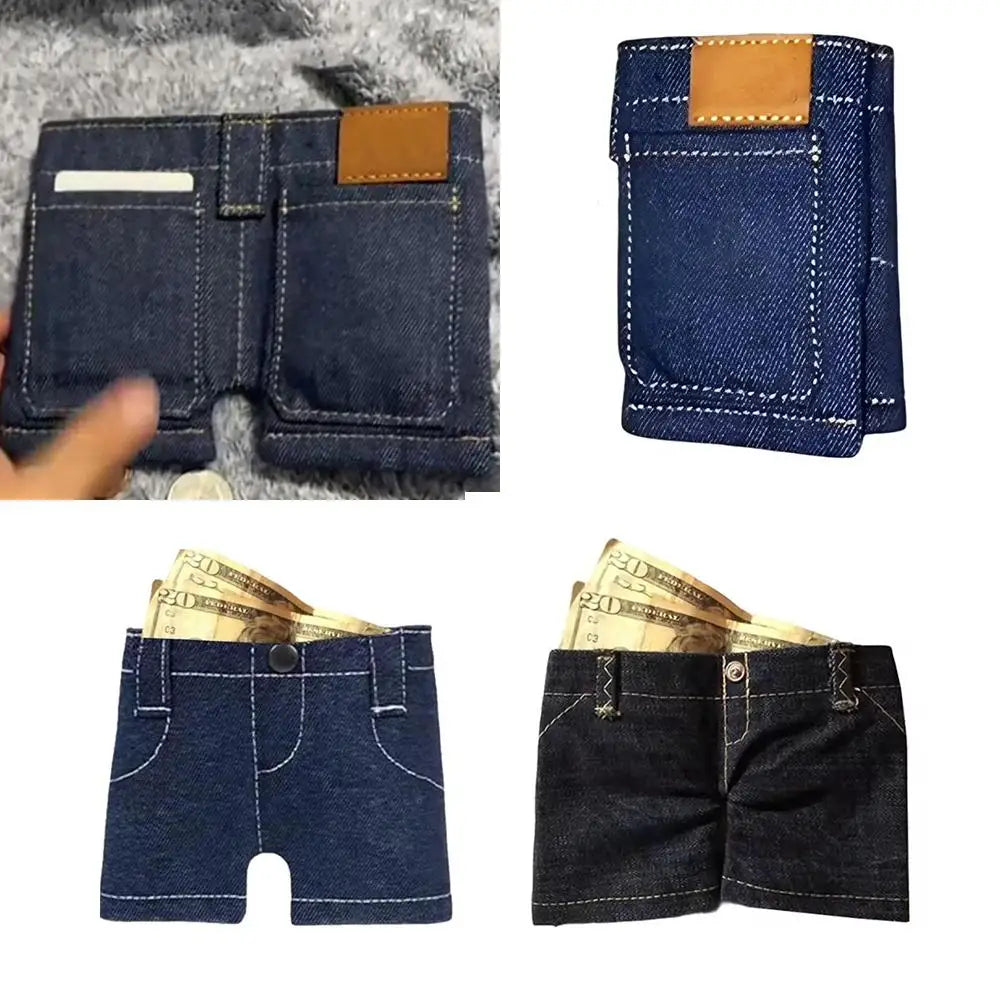 Mini Jeans Shaped Wallet Retro Denim Pants Style Foldable Coin Purse Card Holder Portable Small Cool Multi-functional Purse
