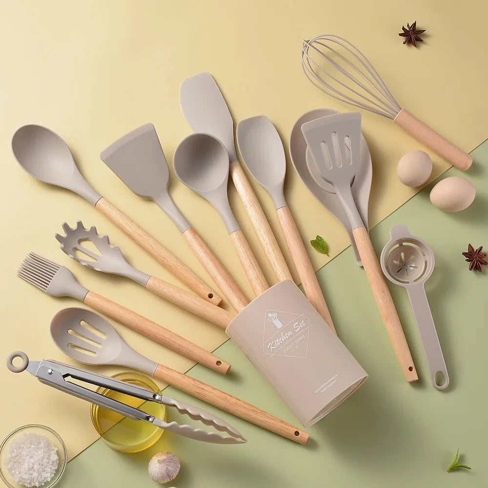 12Pcs/Set Heat-Resistant Kitchen Utensils Set Multi-functional Save Space Silicone Kitchenware Set Eco-Friendly