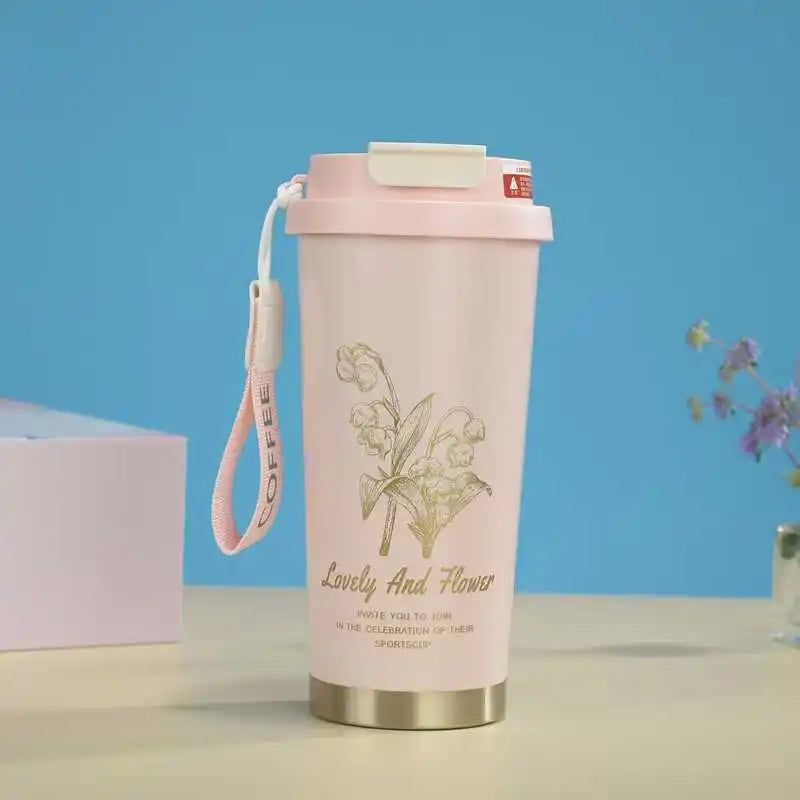 Fashion Portable Lifting Rope Ling Orchid Stainless Steel Thermos Cup Home Office Double Drink High Value Couple Coffee Cup