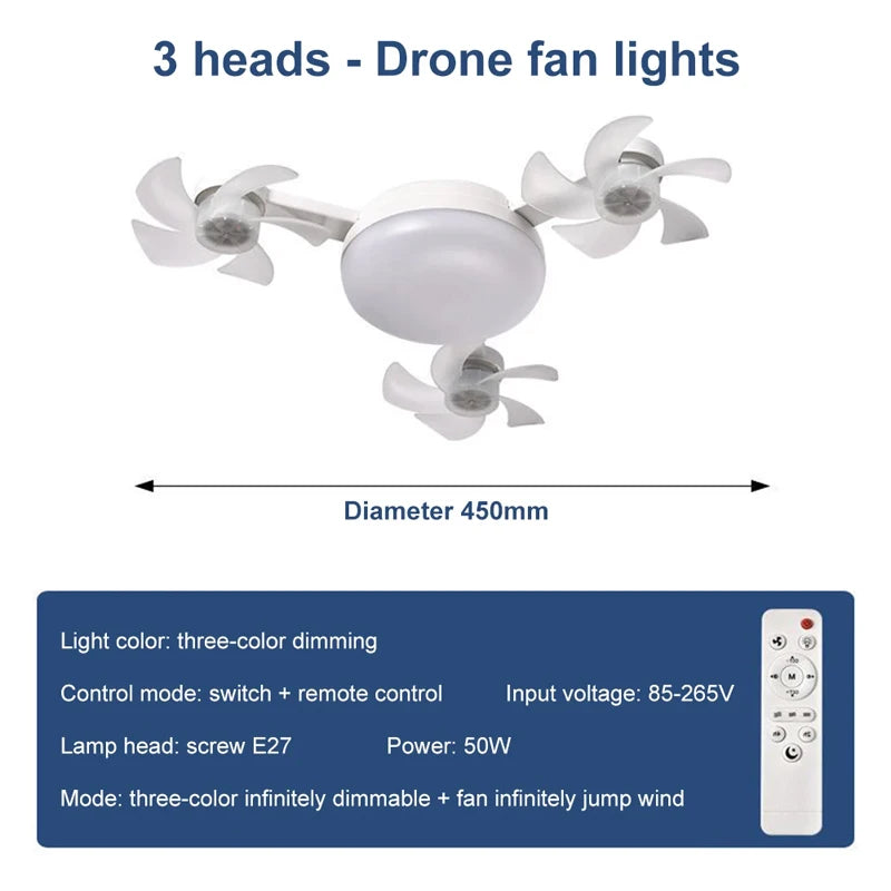 Ceiling Light With Fan 2 in 1 Remote Control Drone Silent Home Electric Fan Modern Dining Bedroom Study E27 Ceiling Pendant Lamp