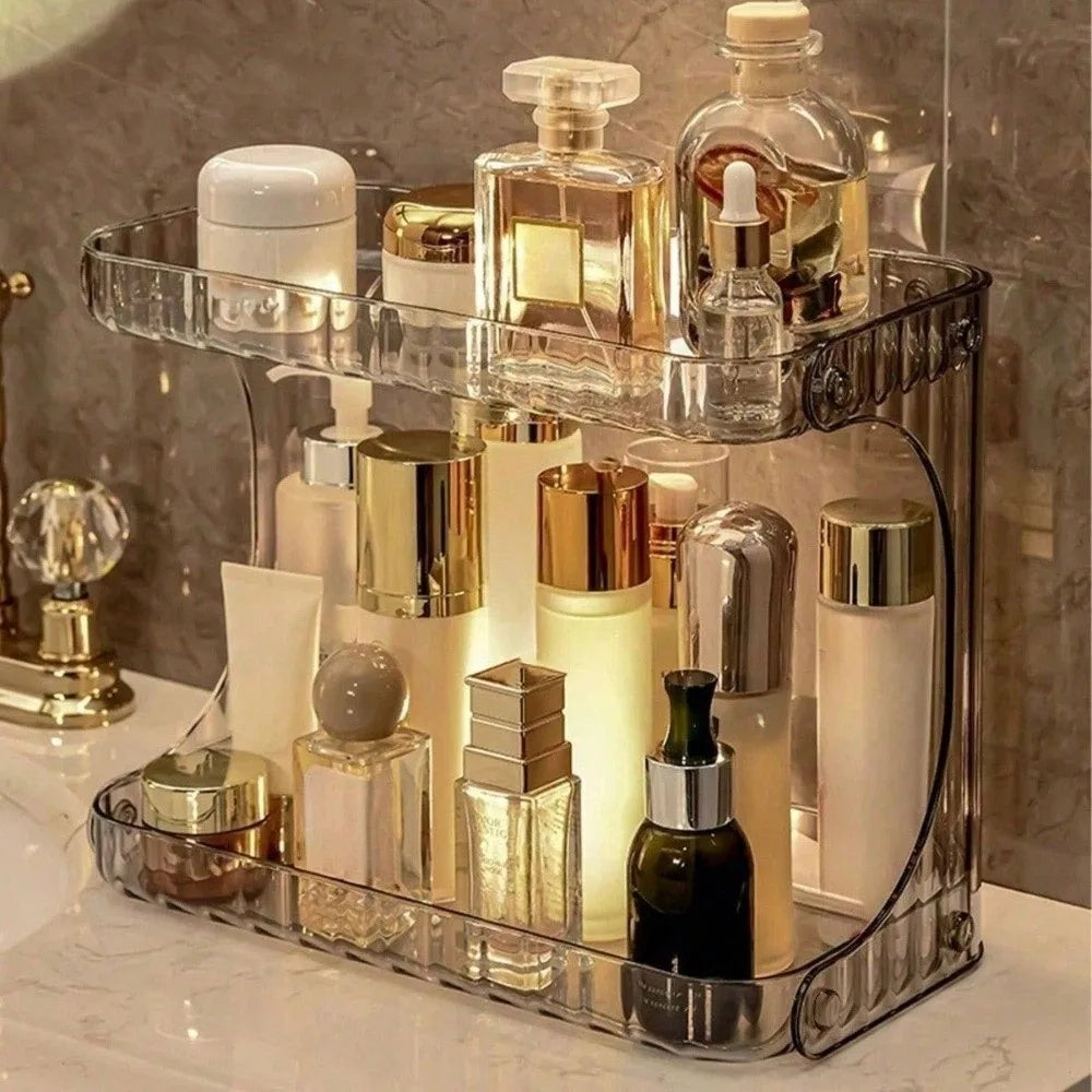 Double Layer Bathroom Organizer Transparent Display Stand Makeup Storage Rack Plastic Large Capacity Kitchen Storage Box