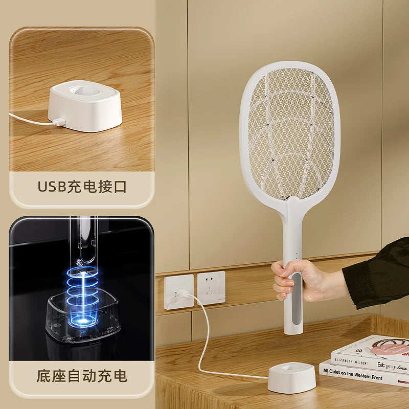 Rechargeable Electric Mosquito Swatter With UV Light, 2-in-1 Bug Zapper Racket For Home, USB Type-C Charging Base