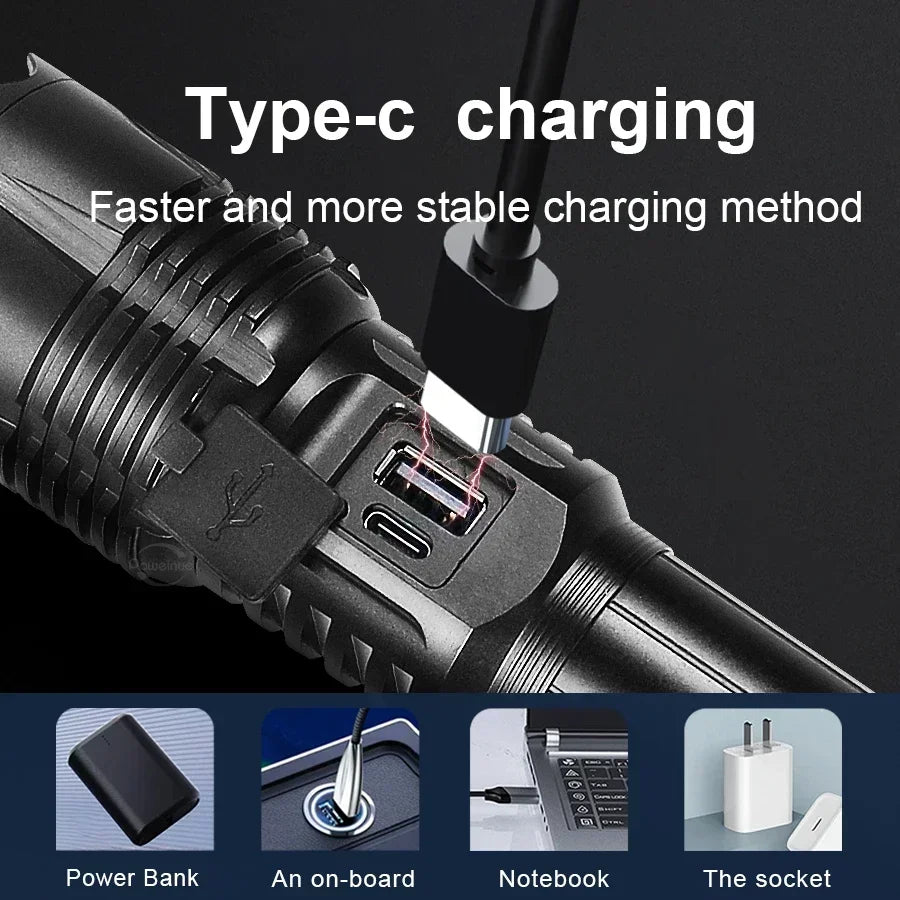 5000Lumen P90 LED Zoom Powerful Flashlight USB Rechargeable High Power Outdoor Patrol Camping Hunting Hiking Strong light Torch