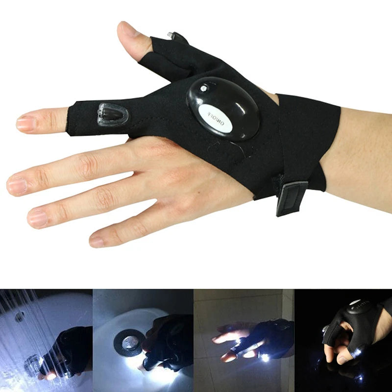 1 pc Outdoor Fishing Magic Strap Fingerless Gloves Night Light Waterproof Fishing Gloves with LED Flashlight Rescue Tools