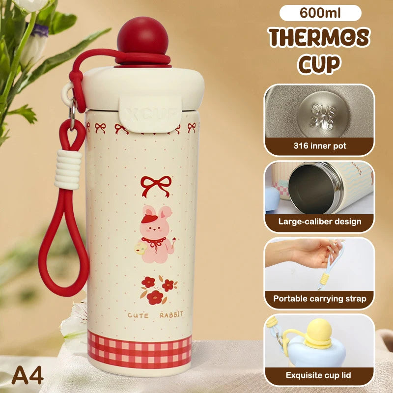 Portable Cartoon Vacuum Cup High-Capacity With Lifting Rope 316 Stainless Steel Cup Bottle Insulated Water Bottle【Homeclub】