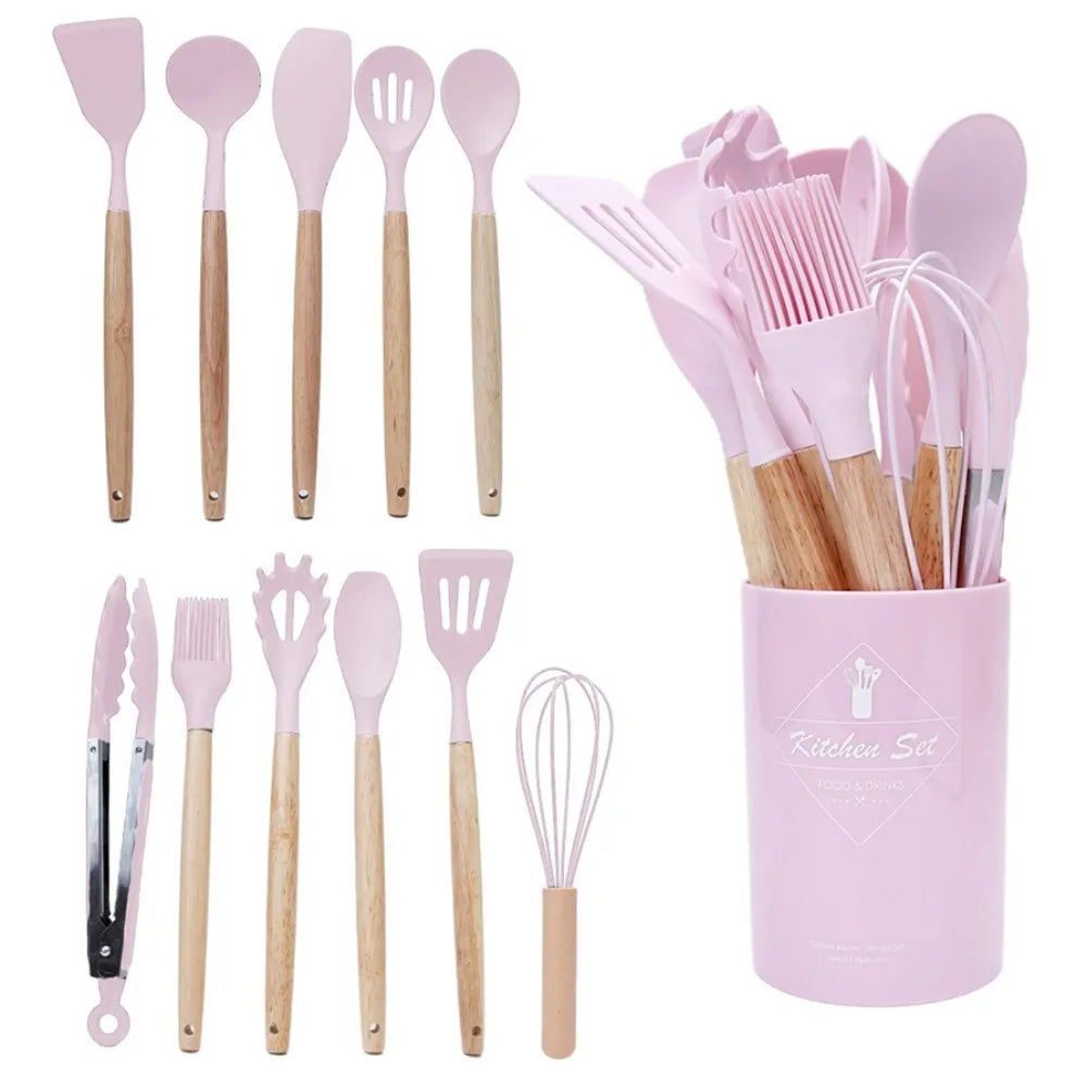 12Pcs/Set Heat-Resistant Kitchen Utensils Set Multi-functional Save Space Silicone Kitchenware Set Eco-Friendly