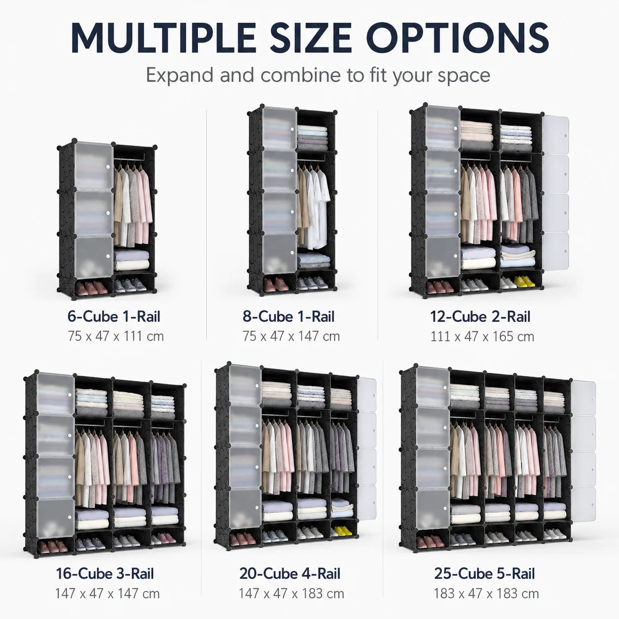 Modular Wardrobe Closet Portable Clothes Organizer PP Resin Storage Cabinet with Hanging Rods Shoe Rack for Bedroom
