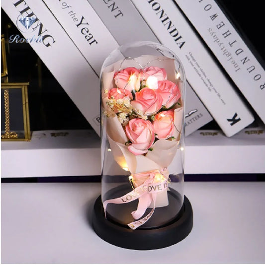 Mother'S Day Rose Glass Cover Plastics Led Glass Dome Bouquet Glass Covered Roses For Birthday