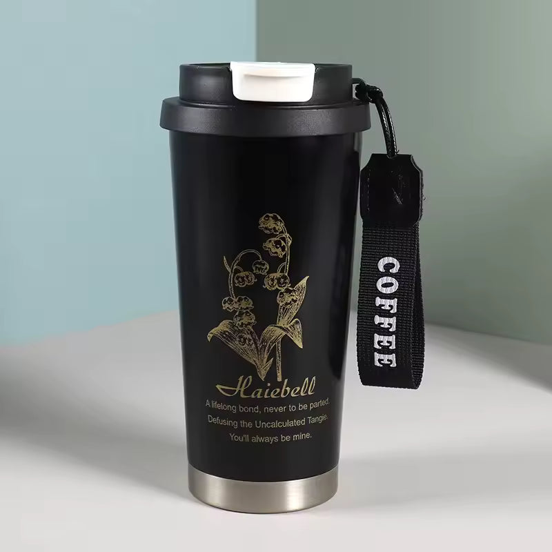 Fashion Portable Lifting Rope Ling Orchid Stainless Steel Thermos Cup Home Office Double Drink High Value Couple Coffee Cup