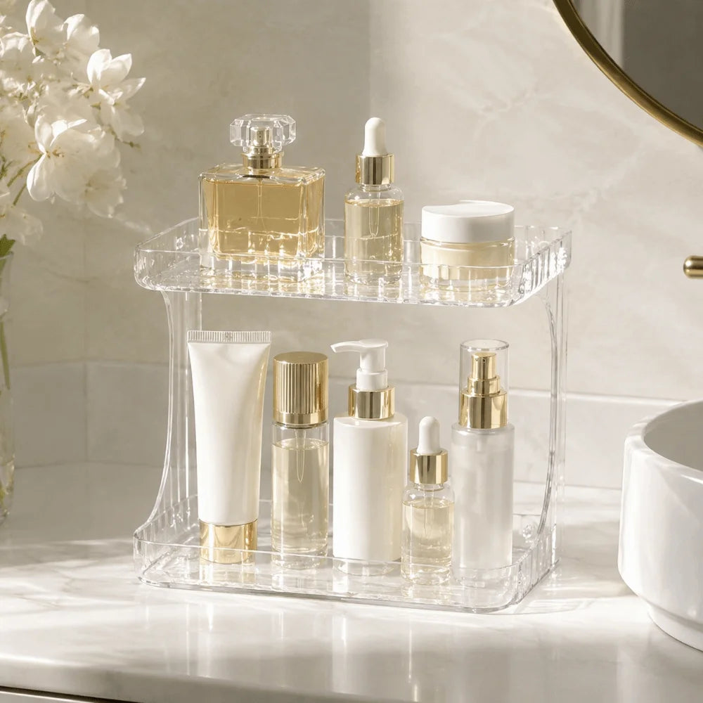 Double Layer Bathroom Organizer Transparent Display Stand Makeup Storage Rack Plastic Large Capacity Kitchen Storage Box