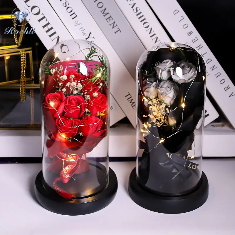 Mother'S Day Rose Glass Cover Plastics Led Glass Dome Bouquet Glass Covered Roses For Birthday
