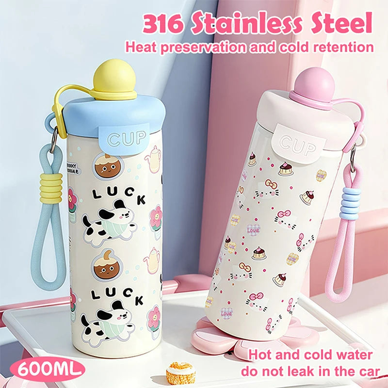 Portable Cartoon Vacuum Cup High-Capacity With Lifting Rope 316 Stainless Steel Cup Bottle Insulated Water Bottle【Homeclub】