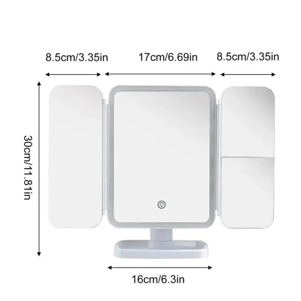 3X/2X/1X Magnifications Cosmetic Mirror Touch Sensor Switch 3 Panels Makeup Table Mirror Folding Wide Angle Smart Mirror Desktop