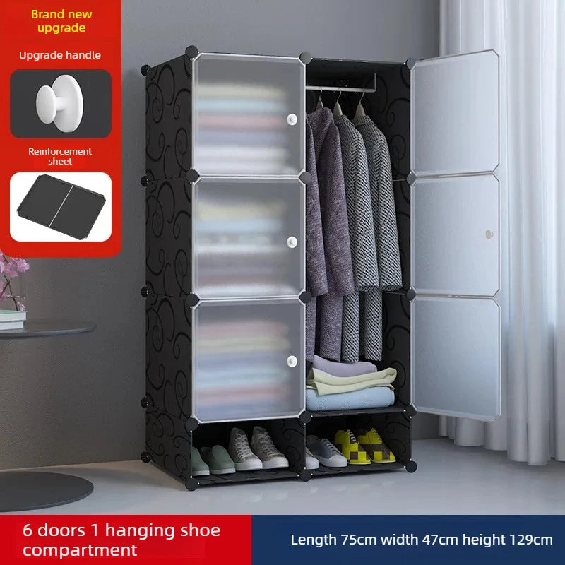 Modular Wardrobe Closet Portable Clothes Organizer PP Resin Storage Cabinet with Hanging Rods Shoe Rack for Bedroom
