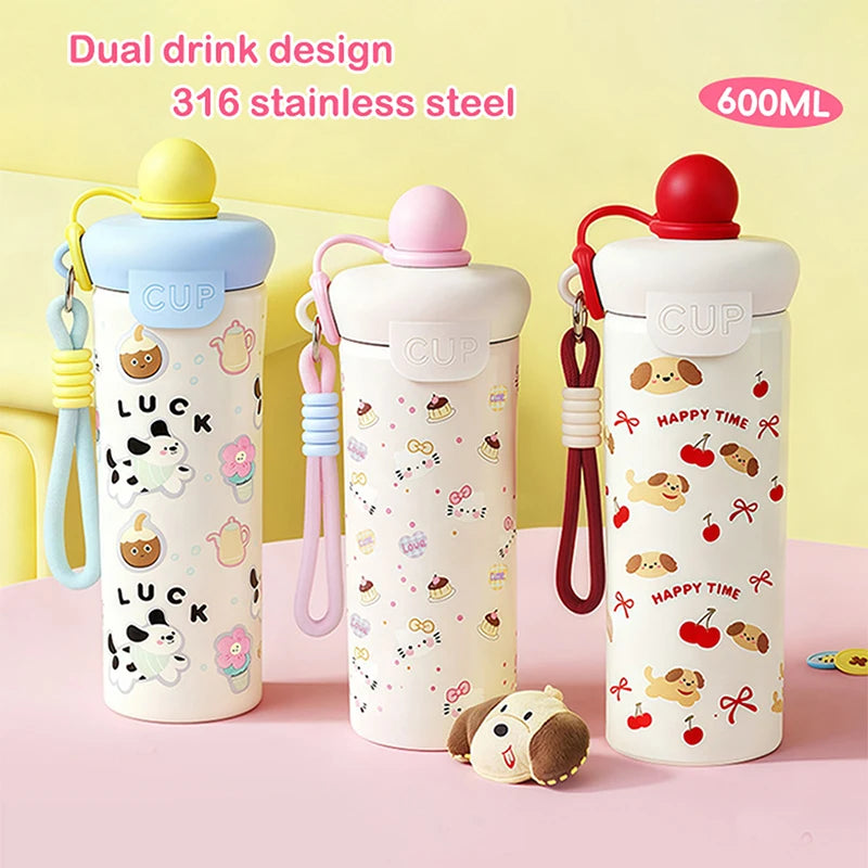 Portable Cartoon Vacuum Cup High-Capacity With Lifting Rope 316 Stainless Steel Cup Bottle Insulated Water Bottle【Homeclub】