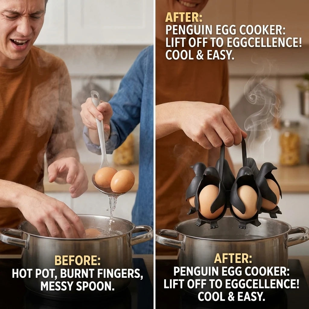 Cute Penguin Shape 6-Egg Cooker & Storage Tray Heat Resistant Egg Container for Kitchen Refrigerator Use
