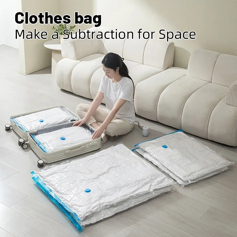 Transparent Vacuum Storage Bags with Pump for Clothes Blankets Large Compression Space Saving Ideal Travel and Organizing