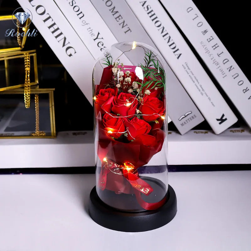 Mother'S Day Rose Glass Cover Plastics Led Glass Dome Bouquet Glass Covered Roses For Birthday