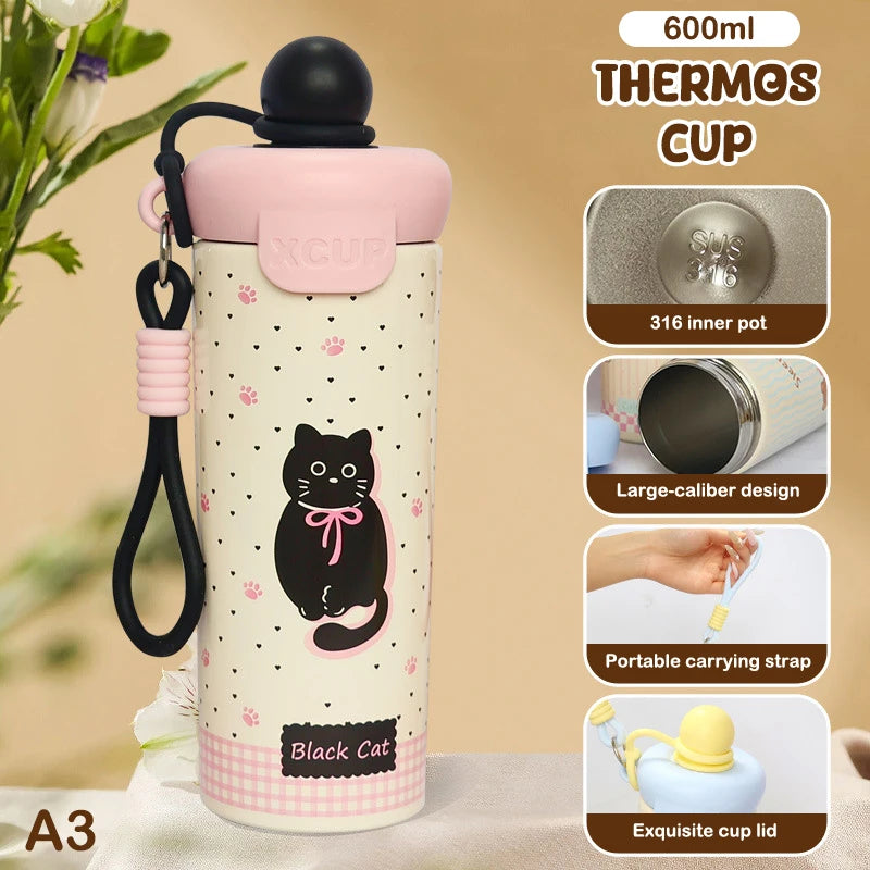 Portable Cartoon Vacuum Cup High-Capacity With Lifting Rope 316 Stainless Steel Cup Bottle Insulated Water Bottle【Homeclub】