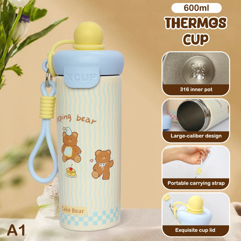 Portable Cartoon Vacuum Cup High-Capacity With Lifting Rope 316 Stainless Steel Cup Bottle Insulated Water Bottle【Homeclub】