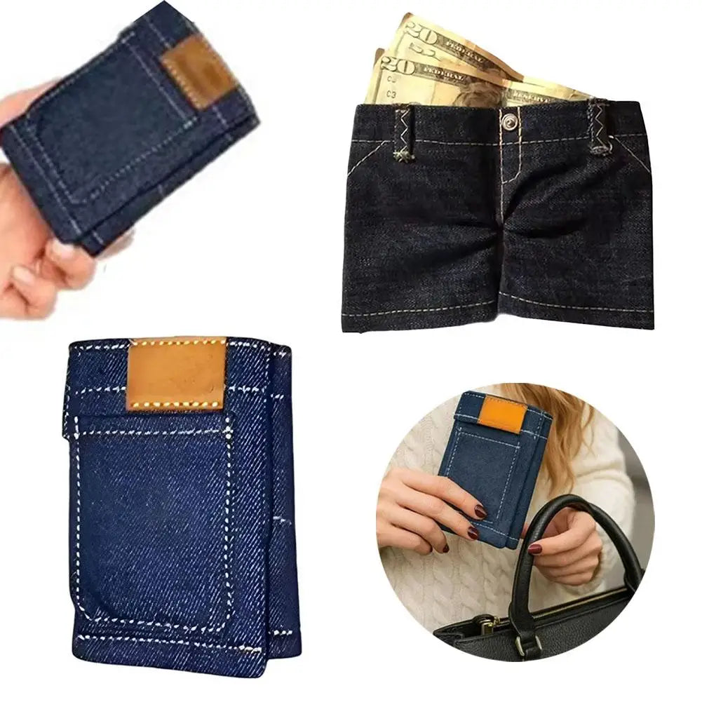 Mini Jeans Shaped Wallet Retro Denim Pants Style Foldable Coin Purse Card Holder Portable Small Cool Multi-functional Purse