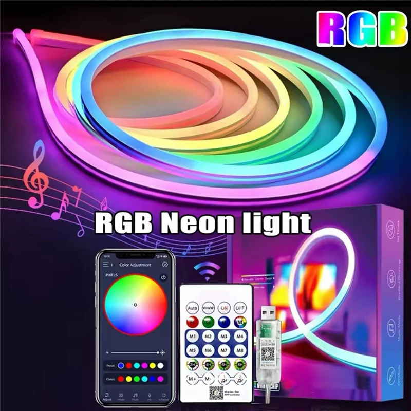RMWIN-DC5V RGBIC LED Strip Lights With Music Sync Neon Rope Light DIY RGB Atmosphere Light Strip Tape For Home Decor