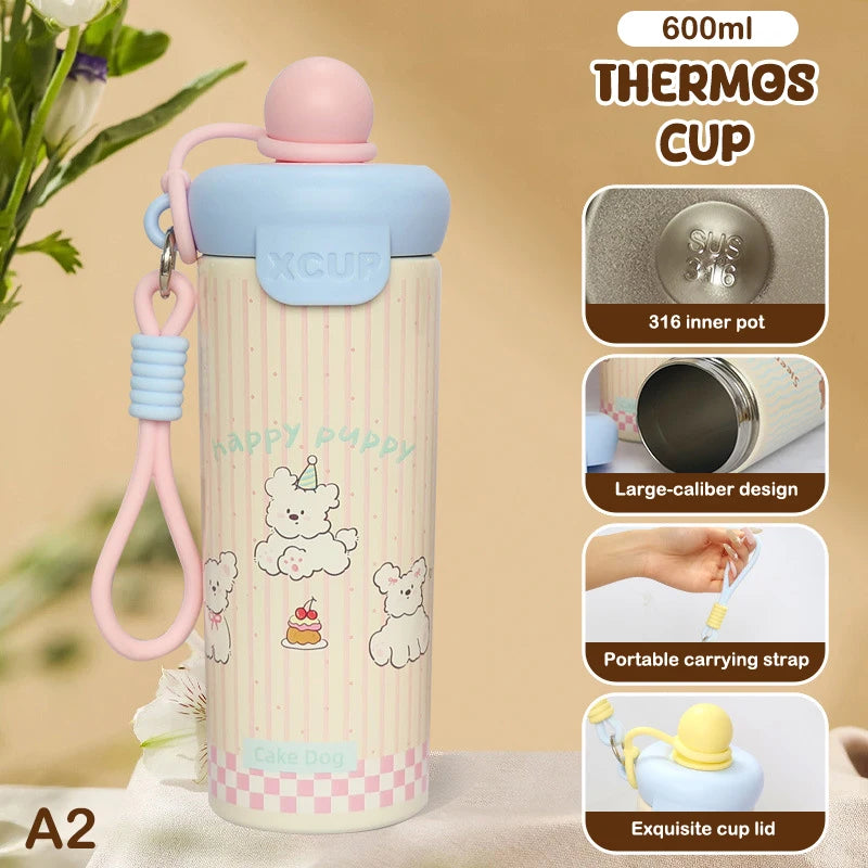 Portable Cartoon Vacuum Cup High-Capacity With Lifting Rope 316 Stainless Steel Cup Bottle Insulated Water Bottle【Homeclub】
