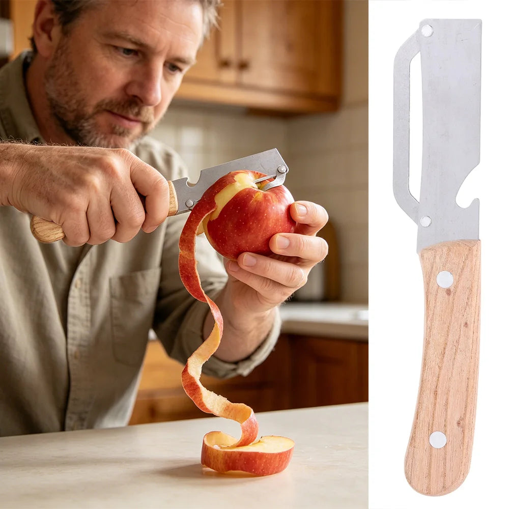 Multi-Functional Vegetable Peeler with Wooden Handle and Bottle Opener Stainless Steel Kitchen Peeler Peeling Tool
