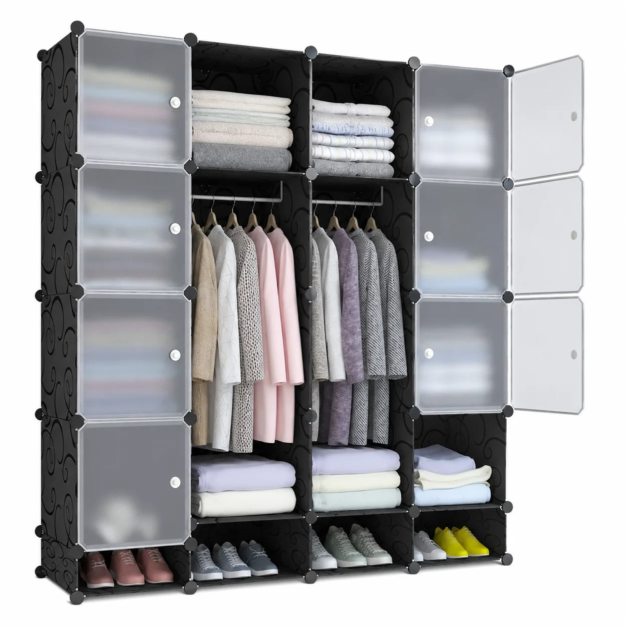 Modular Wardrobe Closet Portable Clothes Organizer PP Resin Storage Cabinet with Hanging Rods Shoe Rack for Bedroom
