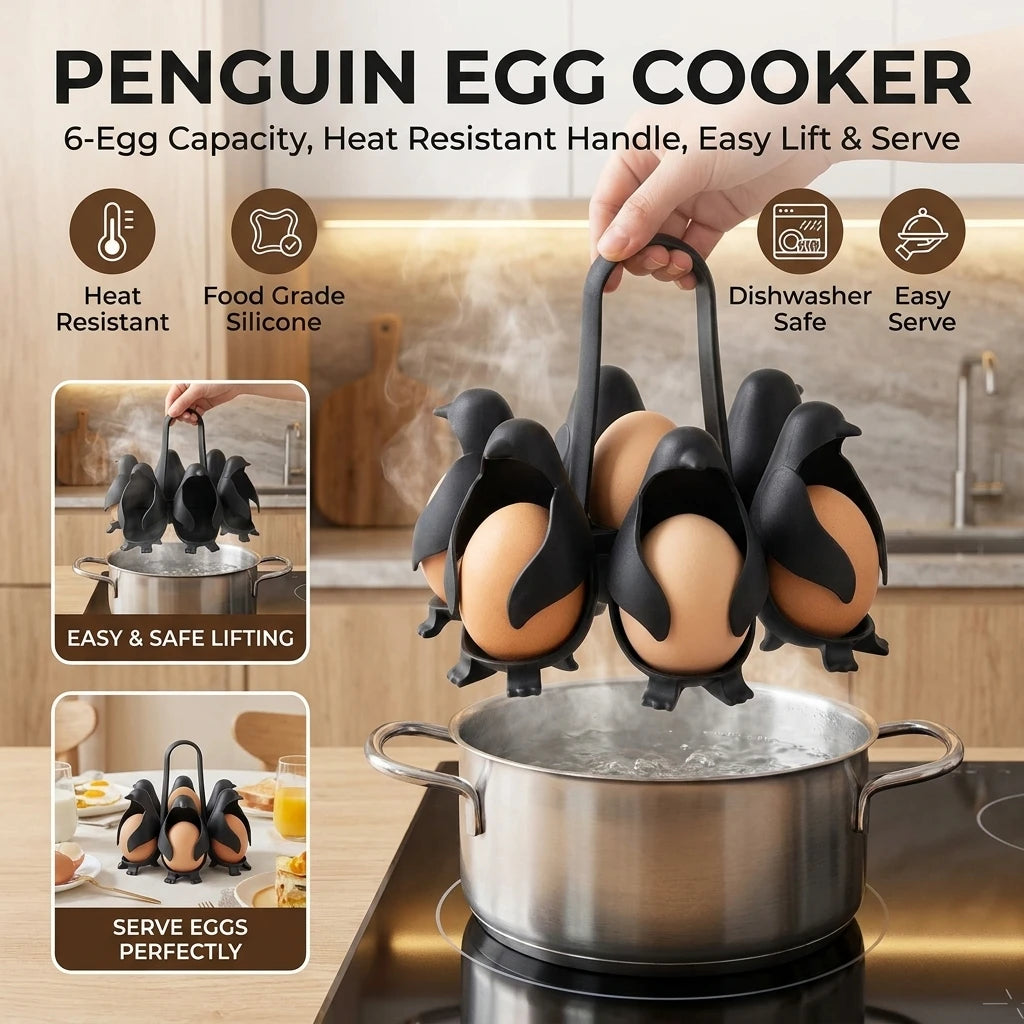 Cute Penguin Shape 6-Egg Cooker & Storage Tray Heat Resistant Egg Container for Kitchen Refrigerator Use