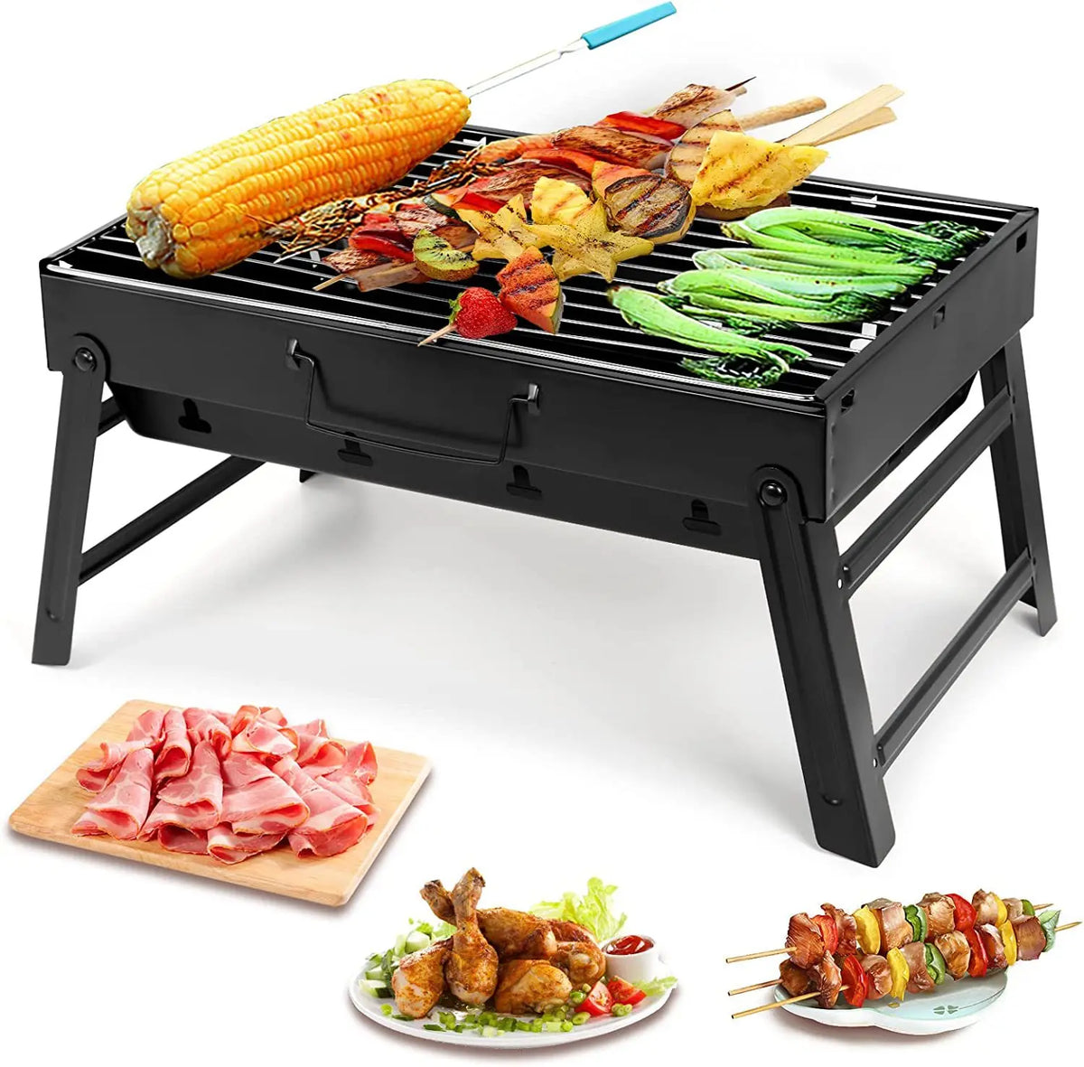 Portable Grill BBQ Charcoal Grill Mini Black Grill Stainless Steel Tool Kit Outdoor Cooking Camping Picnic Beach Camping Grill